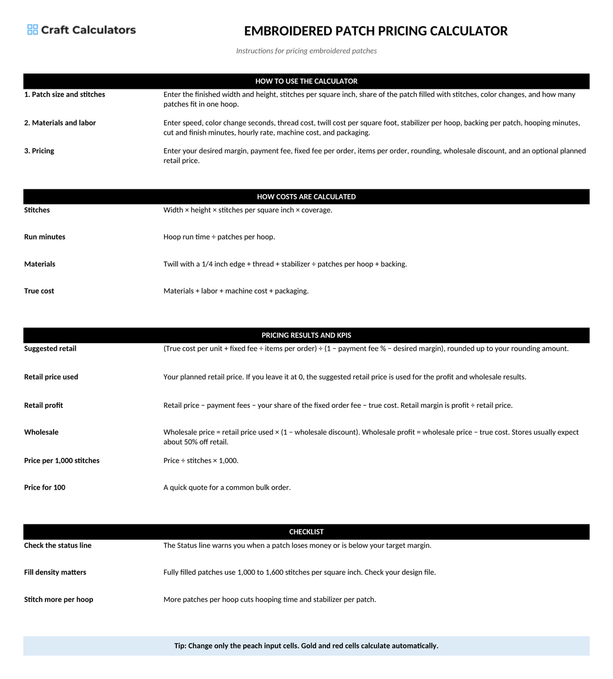 Embroidered Patch Pricing Calculator instructions tab explaining how to use the workbook and what the results mean