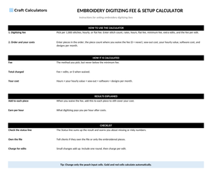 Embroidery Digitizing Fee & Setup Calculator instructions tab explaining how to use the workbook and what the results mean