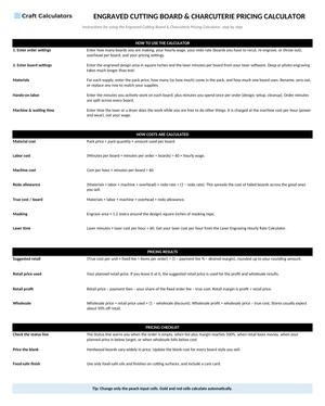 Engraved Cutting Board & Charcuterie Pricing Calculator instructions tab explaining how to use the workbook and what the results mean