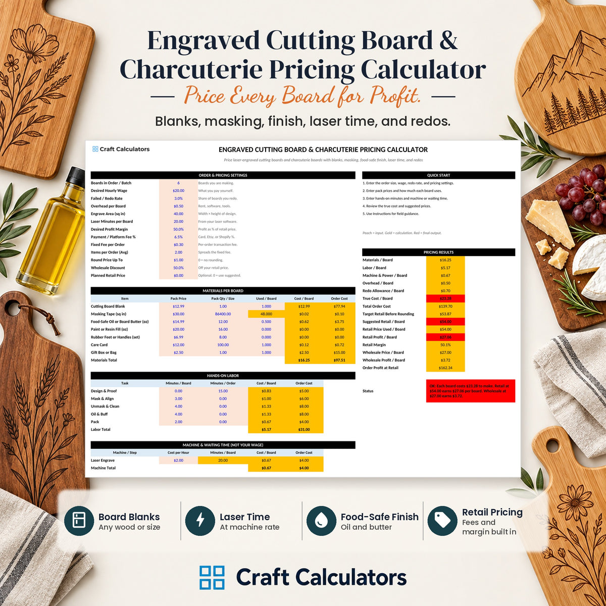 Engraved Cutting Board & Charcuterie Pricing Calculator spreadsheet by Craft Calculators for laser engraving businesses