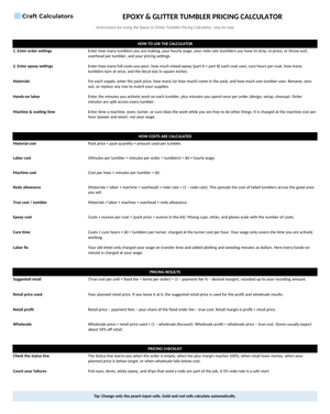 Epoxy & Glitter Tumbler Pricing Calculator instructions tab explaining how to use the workbook and what the results mean