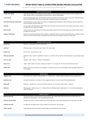 Epoxy River Table & Charcuterie Board Calculator instructions tab explaining how to use the workbook and what the results mean