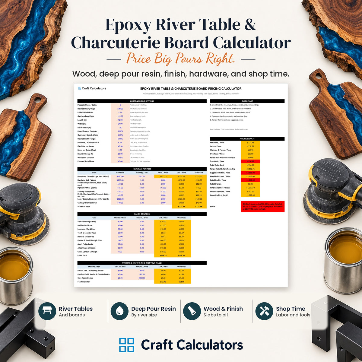 Epoxy River Table & Charcuterie Board Calculator spreadsheet by Craft Calculators for resin artists