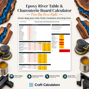 Epoxy River Table & Charcuterie Board Calculator spreadsheet by Craft Calculators for resin artists