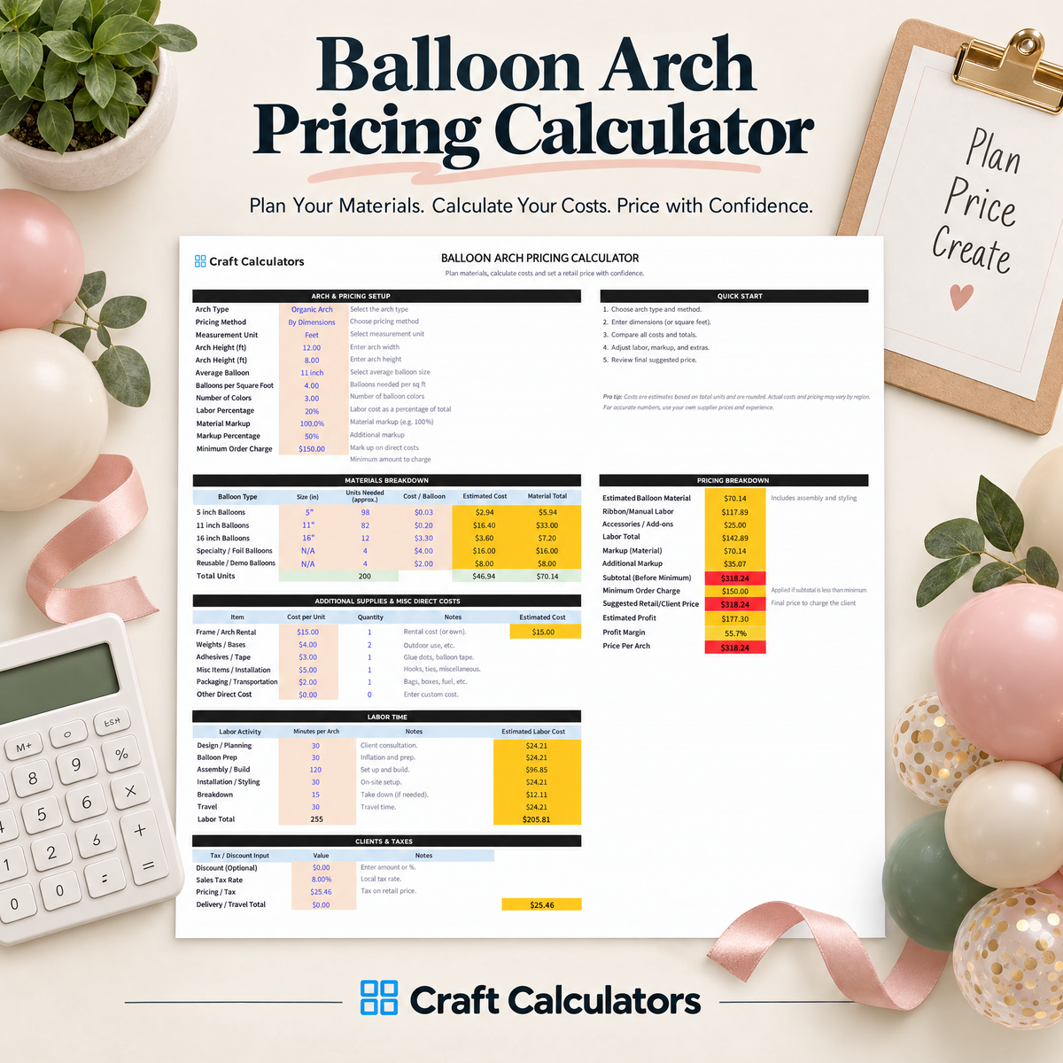 Balloon Arch Pricing Calculator Spreadsheet