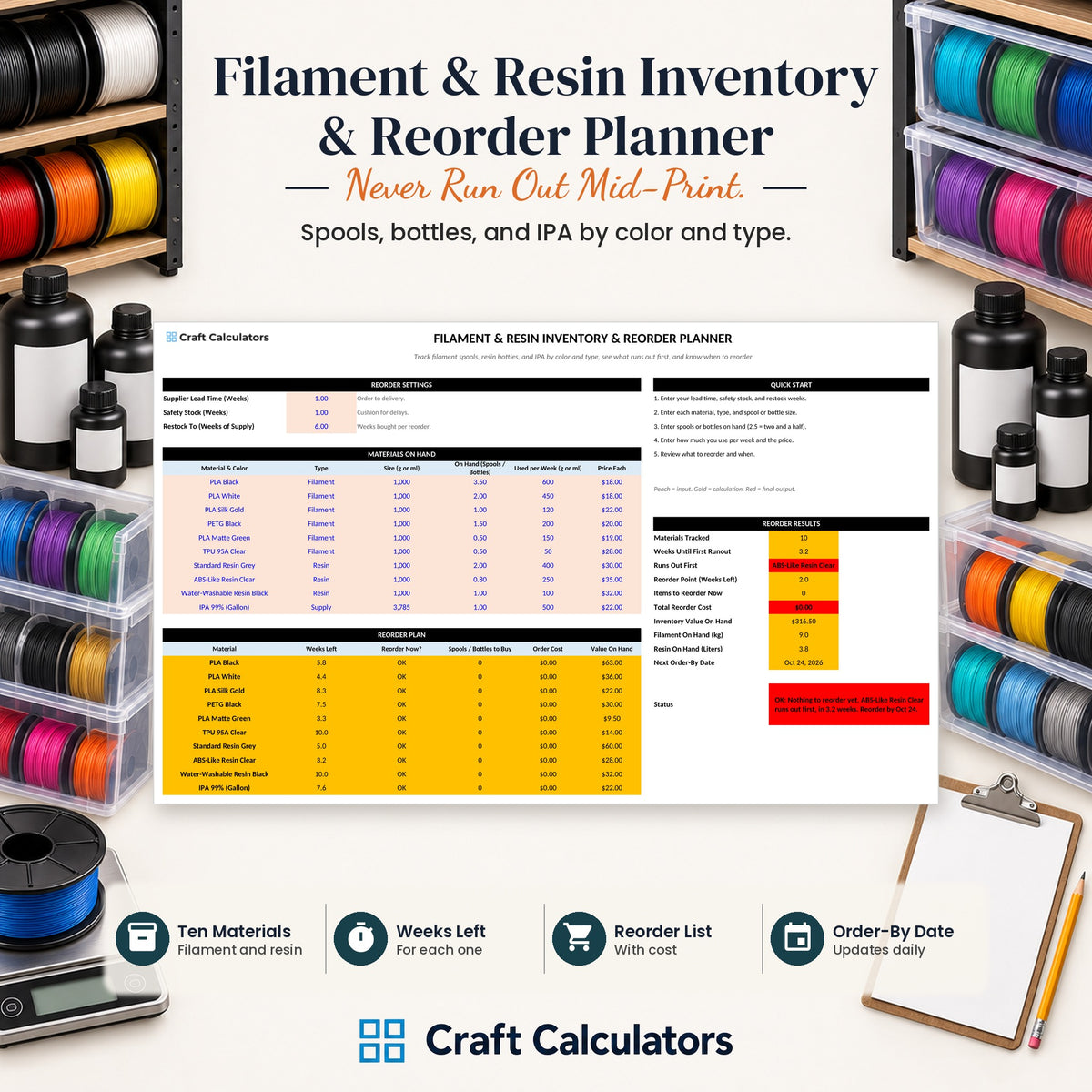 Filament & Resin Inventory & Reorder Planner spreadsheet by Craft Calculators for 3D printing sellers