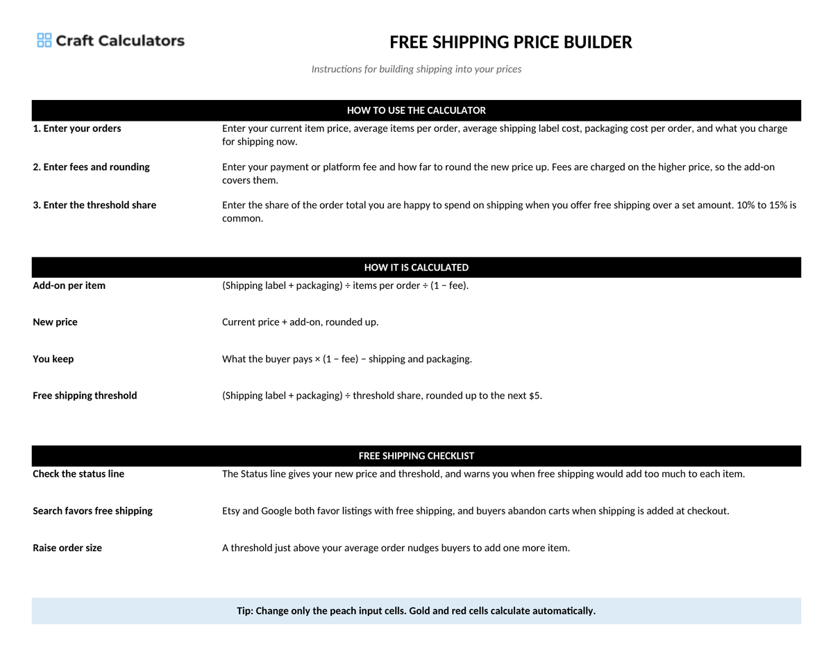 Free Shipping Price Builder instructions tab explaining how to use the workbook and what the results mean