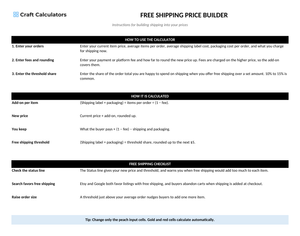 Free Shipping Price Builder instructions tab explaining how to use the workbook and what the results mean