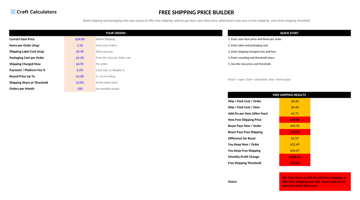 Free Shipping Price Builder screenshot showing inputs, calculated results, and status line