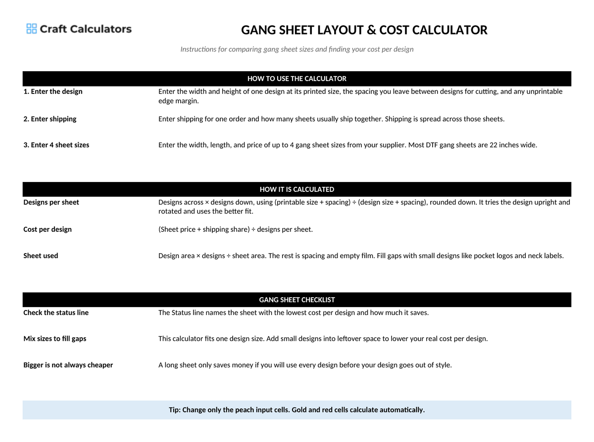 Gang Sheet Layout & Cost Calculator instructions tab explaining how to use the workbook and what the results mean