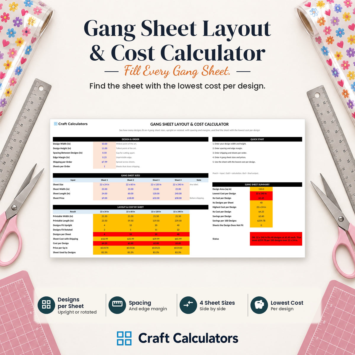 Gang Sheet Layout & Cost Calculator spreadsheet by Craft Calculators for handmade sellers