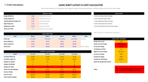 Gang Sheet Layout & Cost Calculator screenshot showing inputs, calculated results, and status line
