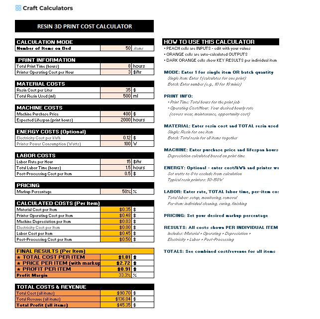 Resin 3D Printing Product Cost Calculator