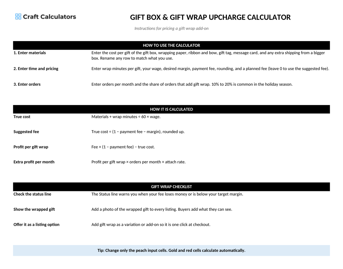 Gift Box & Gift Wrap Upcharge Calculator instructions tab explaining how to use the workbook and what the results mean