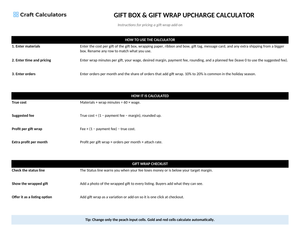 Gift Box & Gift Wrap Upcharge Calculator instructions tab explaining how to use the workbook and what the results mean