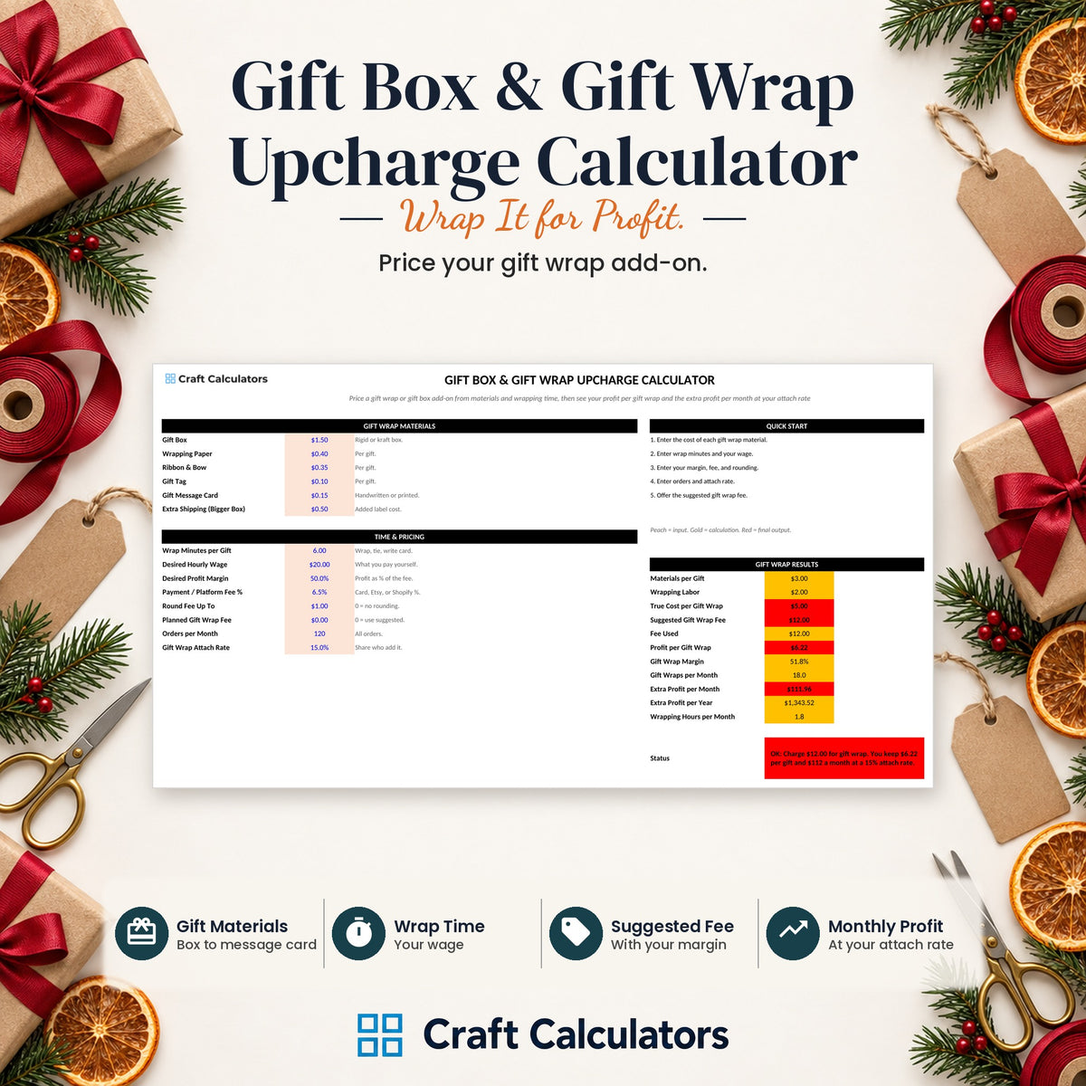 Gift Box & Gift Wrap Upcharge Calculator spreadsheet by Craft Calculators for handmade sellers