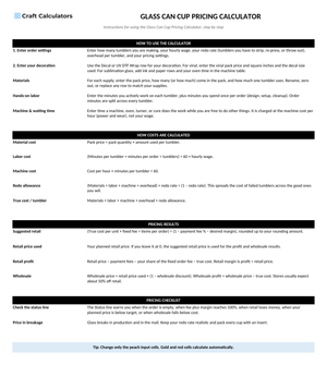 Glass Can Cup Pricing Calculator instructions tab explaining how to use the workbook and what the results mean