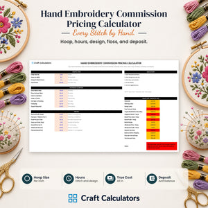 Hand Embroidery Commission Pricing Calculator spreadsheet by Craft Calculators for handmade sellers