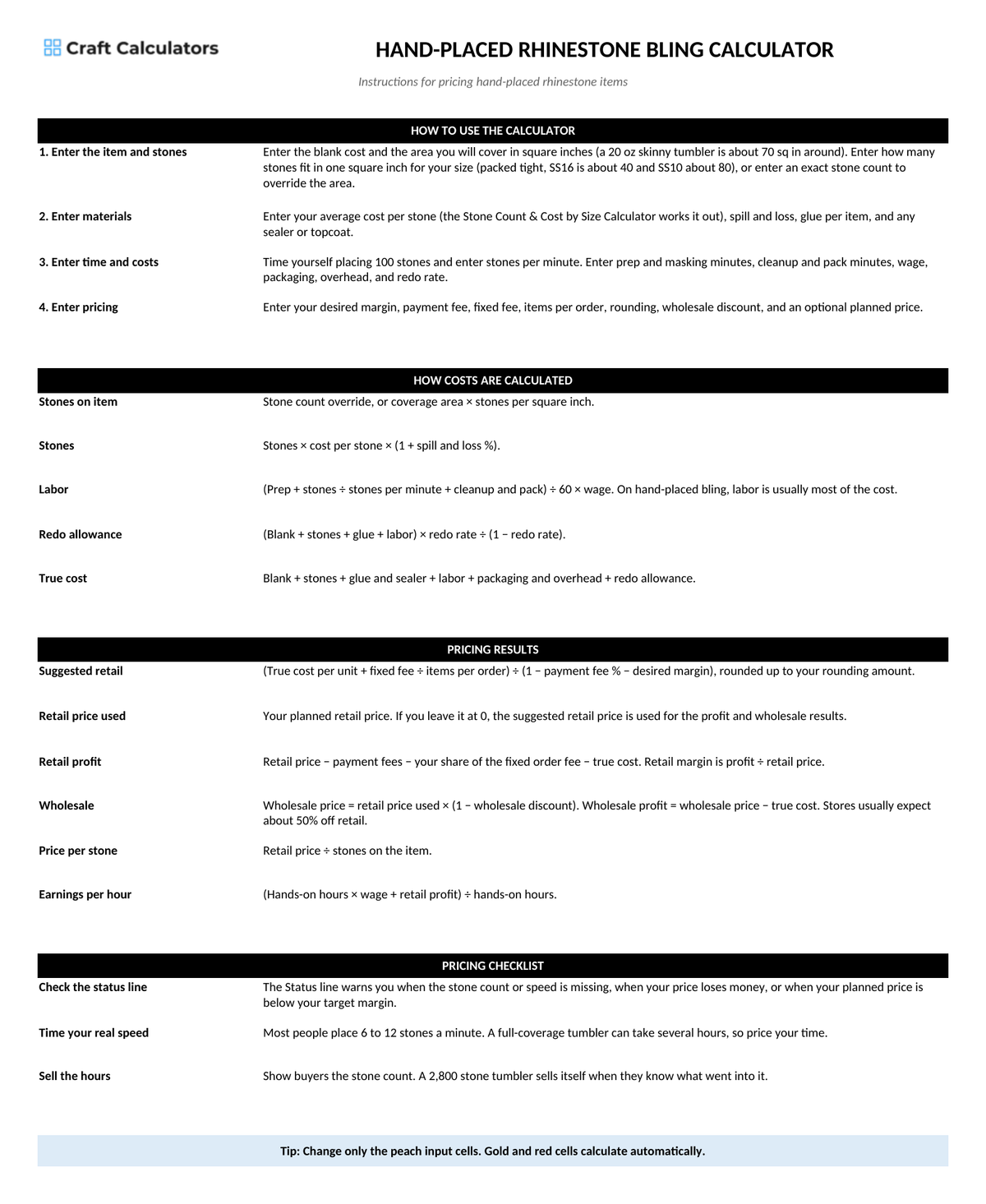 Hand-Placed Rhinestone Bling Calculator instructions tab explaining how to use the workbook and what the results mean