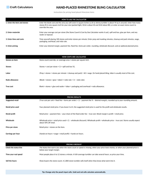 Hand-Placed Rhinestone Bling Calculator instructions tab explaining how to use the workbook and what the results mean