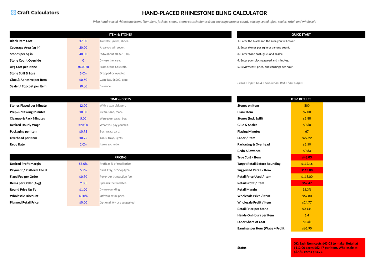 Hand-Placed Rhinestone Bling Calculator screenshot showing inputs, calculated results, and status line