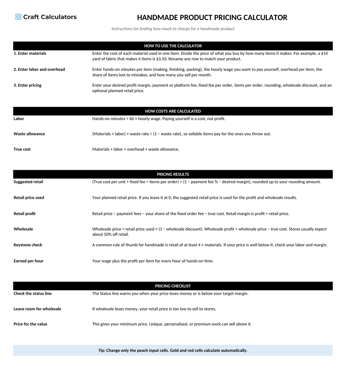 Handmade Product Pricing Calculator instructions tab explaining how to use the workbook and what the results mean