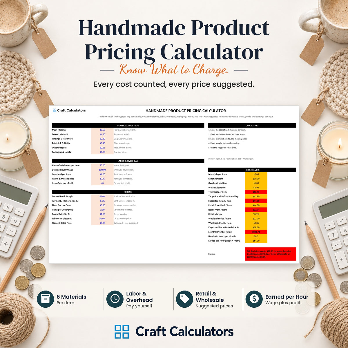 Handmade Product Pricing Calculator spreadsheet by Craft Calculators for handmade sellers