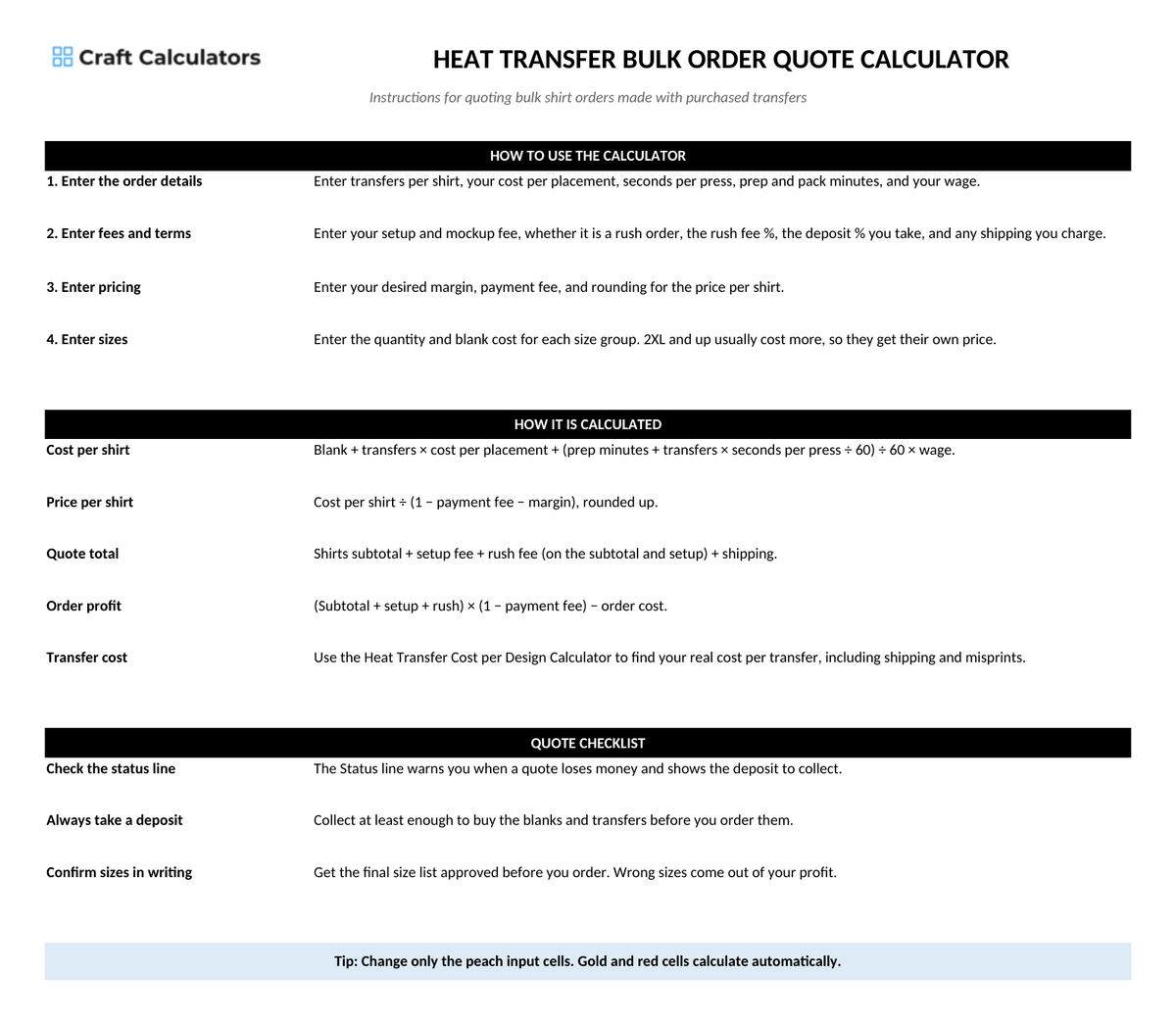 Heat Transfer Bulk Order Quote Calculator instructions tab explaining how to use the workbook and what the results mean