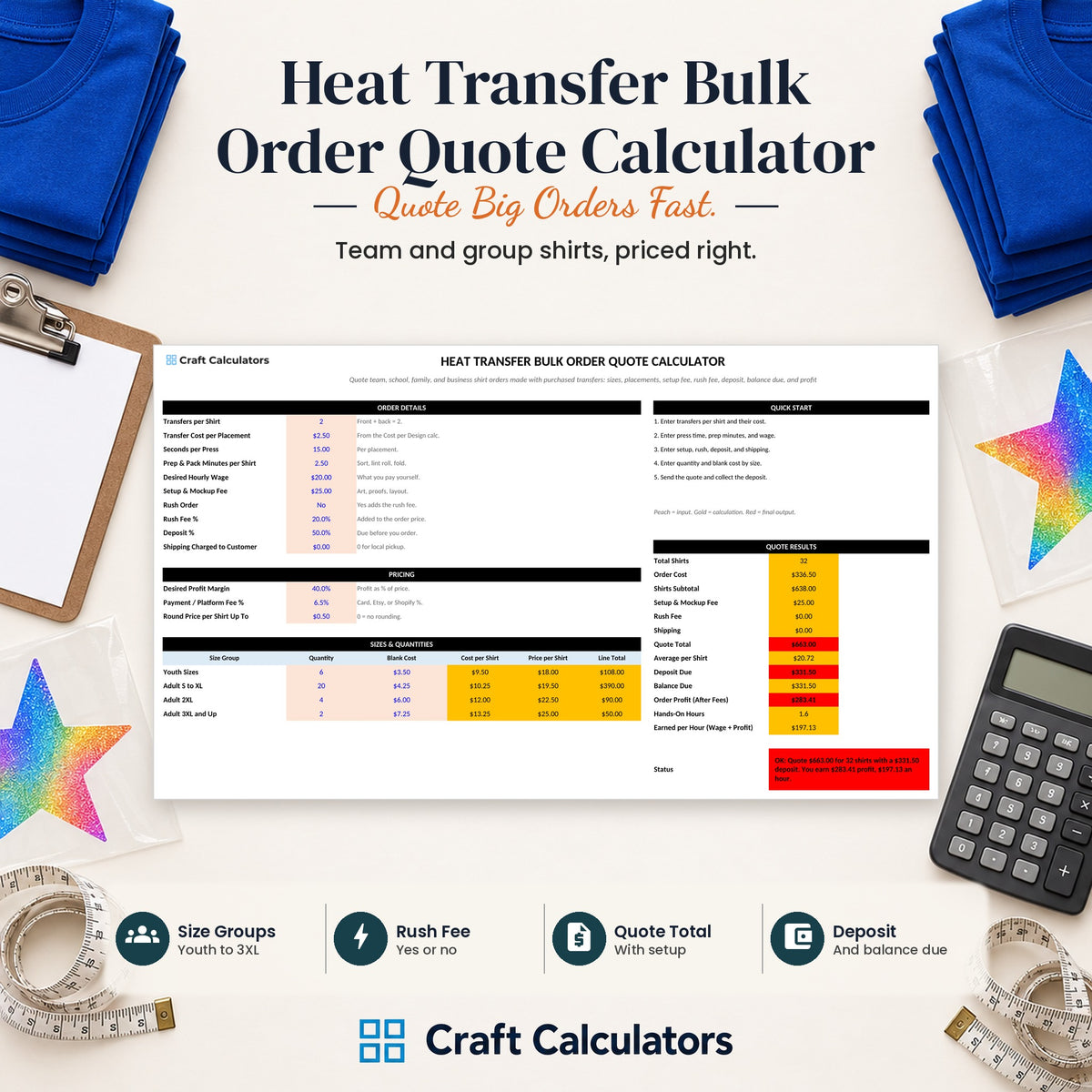 Heat Transfer Bulk Order Quote Calculator spreadsheet by Craft Calculators for handmade sellers