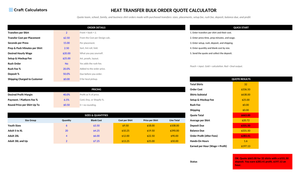 Heat Transfer Bulk Order Quote Calculator screenshot showing inputs, calculated results, and status line