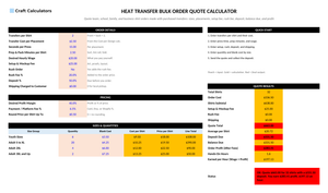 Heat Transfer Bulk Order Quote Calculator screenshot showing inputs, calculated results, and status line