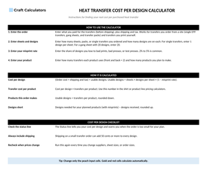 Heat Transfer Cost per Design Calculator instructions tab explaining how to use the workbook and what the results mean