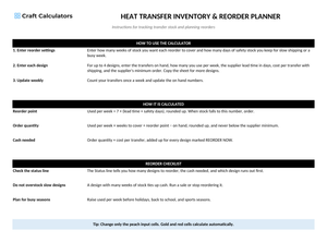 Heat Transfer Inventory & Reorder Planner instructions tab explaining how to use the workbook and what the results mean