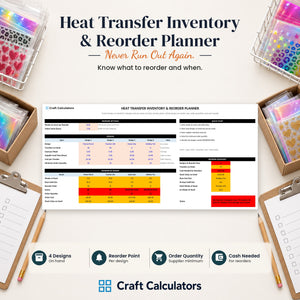 Heat Transfer Inventory & Reorder Planner spreadsheet by Craft Calculators for handmade sellers
