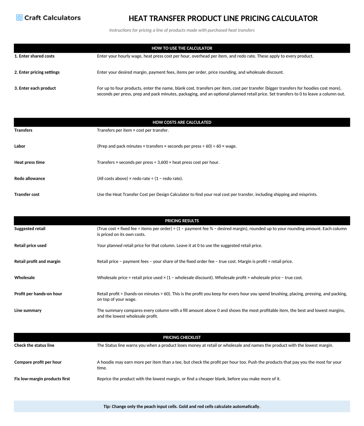 Heat Transfer Product Line Pricing Calculator instructions tab explaining how to use the workbook and what the results mean