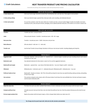 Heat Transfer Product Line Pricing Calculator instructions tab explaining how to use the workbook and what the results mean