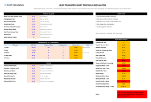 Heat Transfer Shirt Pricing Calculator screenshot showing inputs, calculated results, and status line