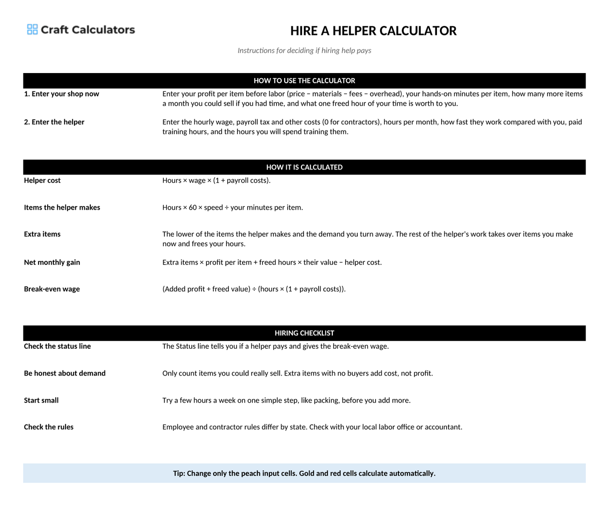Hire a Helper Calculator instructions tab explaining how to use the workbook and what the results mean
