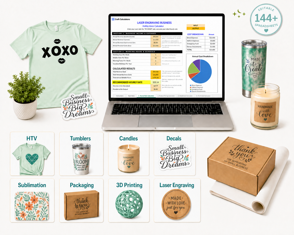 Craft pricing spreadsheet vault with 144 plus editable spreadsheets