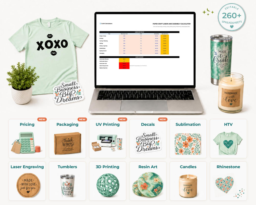 Craft pricing spreadsheet vault with 260 plus editable spreadsheets