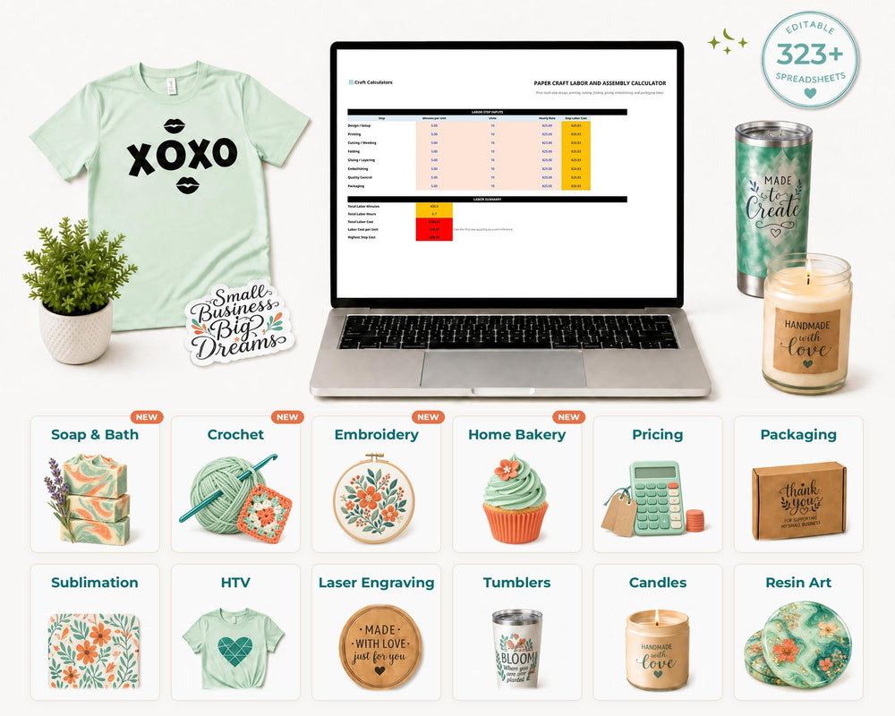 Lifetime Spreadsheet Vault with 323+ editable craft pricing spreadsheets, including new soap and bath, crochet, embroidery, and home bakery calculators