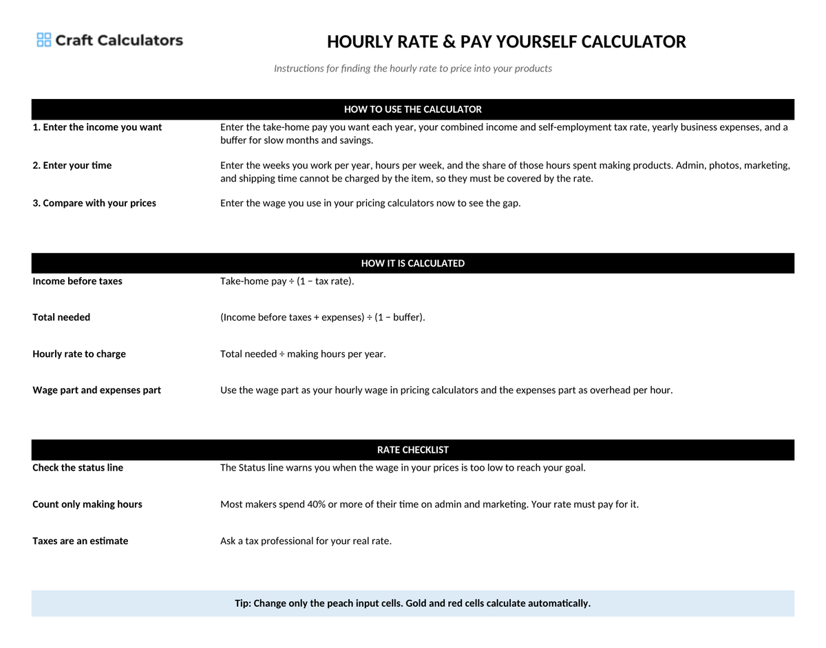 Hourly Rate & Pay Yourself Calculator instructions tab explaining how to use the workbook and what the results mean
