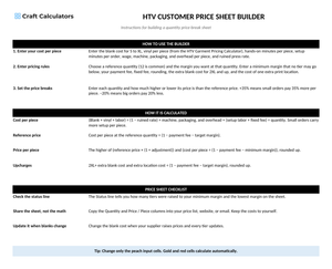 HTV Customer Price Sheet Builder instructions tab explaining how to use the workbook and what the results mean