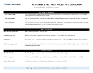 HTV Cutter & Heat Press Hourly Rate Calculator instructions tab explaining how to use the workbook and what the results mean