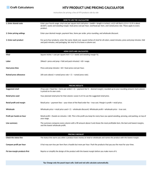 HTV Product Line Pricing Calculator instructions tab explaining how to use the workbook and what the results mean
