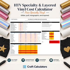 HTV Specialty & Layered Vinyl Cost Calculator spreadsheet by Craft Calculators for HTV sellers
