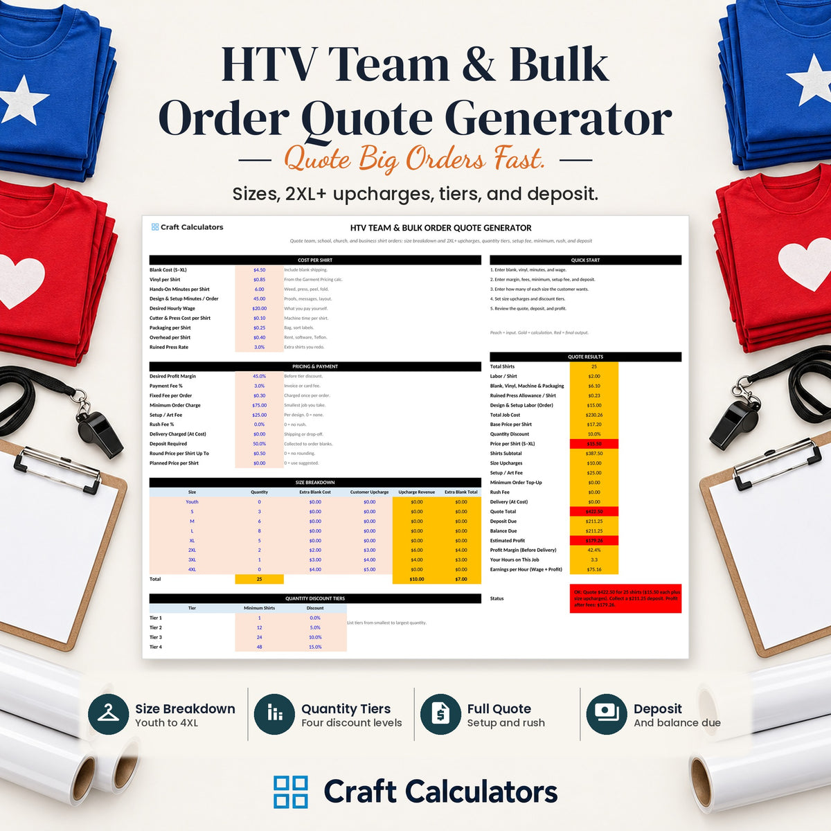 HTV Team & Bulk Order Quote Generator spreadsheet by Craft Calculators for HTV sellers