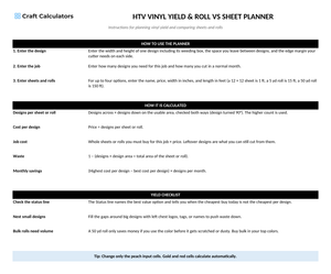 HTV Vinyl Yield & Roll vs Sheet Planner instructions tab explaining how to use the workbook and what the results mean
