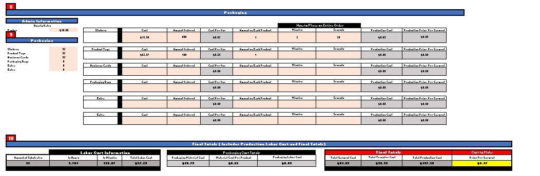 Editable sheet example from the 8 Designs Sublimation Pricing Calculator in Google Sheets.