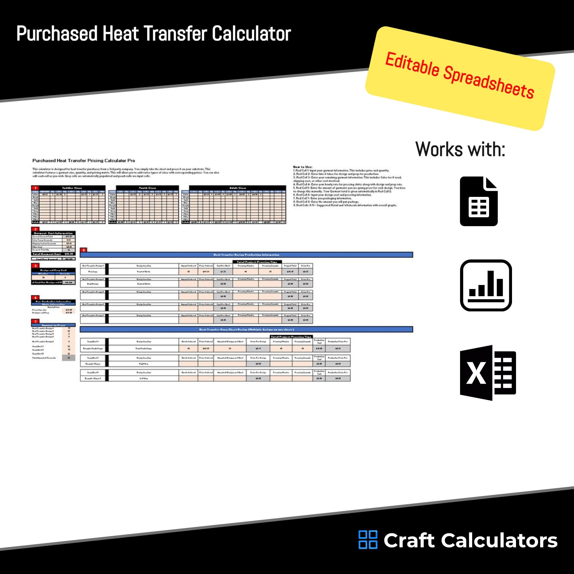 5 Heat Transfers Pricing Calculator Spreadsheet - A tool for calculating costs, retail, and wholesale prices for heat transfers on various substrates like t-shirts and hoodies.